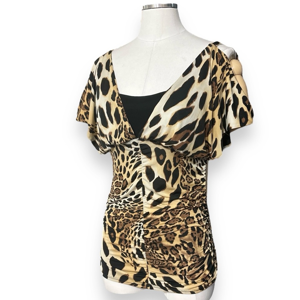 CACHÉ Leopard Print Cold Shoulder Ruched Front Top VINTAGE Y2K